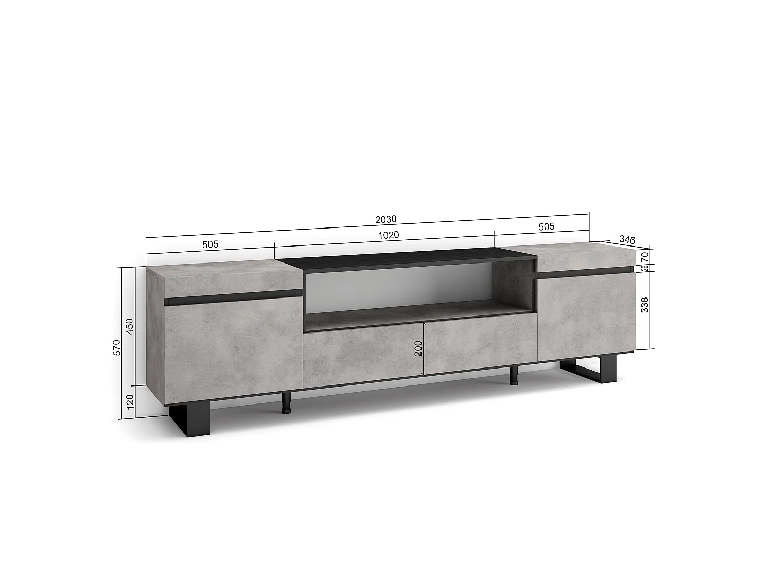 Meuble TV, Banc Télé, 200x35x57cm, Pour les TV jusqu'à 80", Design industriel, Ciment