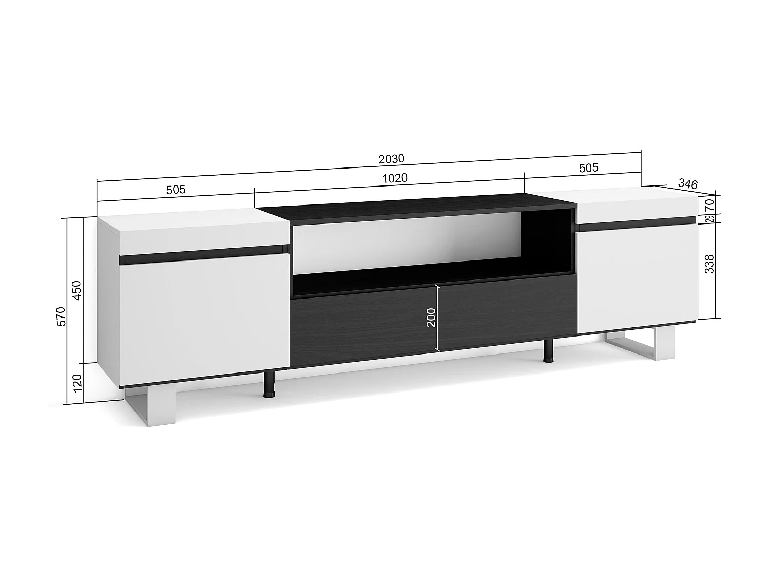 TV-Schrank, Lowboard, 200x35x57cm, Für TV-Geräte bis zu 80", Industriedesign, Weiß und Schwarz