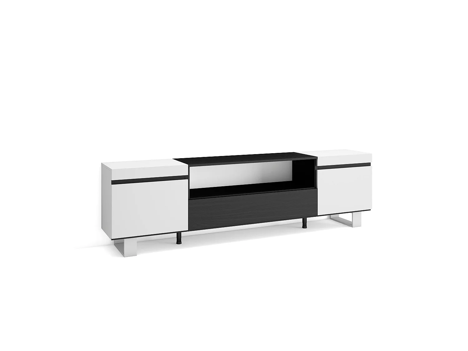 TV-Meubel, Lowboard, 200x35x57cm, Voor tv's tot 80", Industrieel design, Wit en Zwart