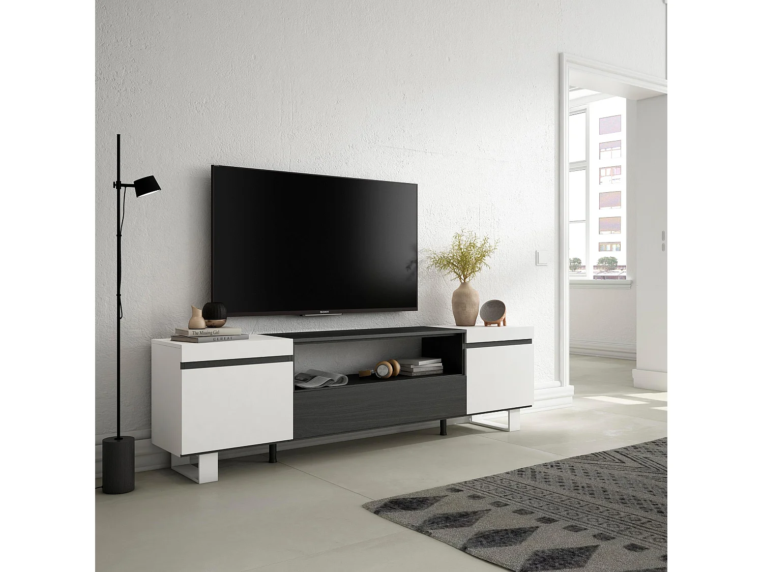 Meuble TV, Banc Télé, 200x35x57cm, Pour les TV jusqu'à 80", Design industriel, Blanc et noir