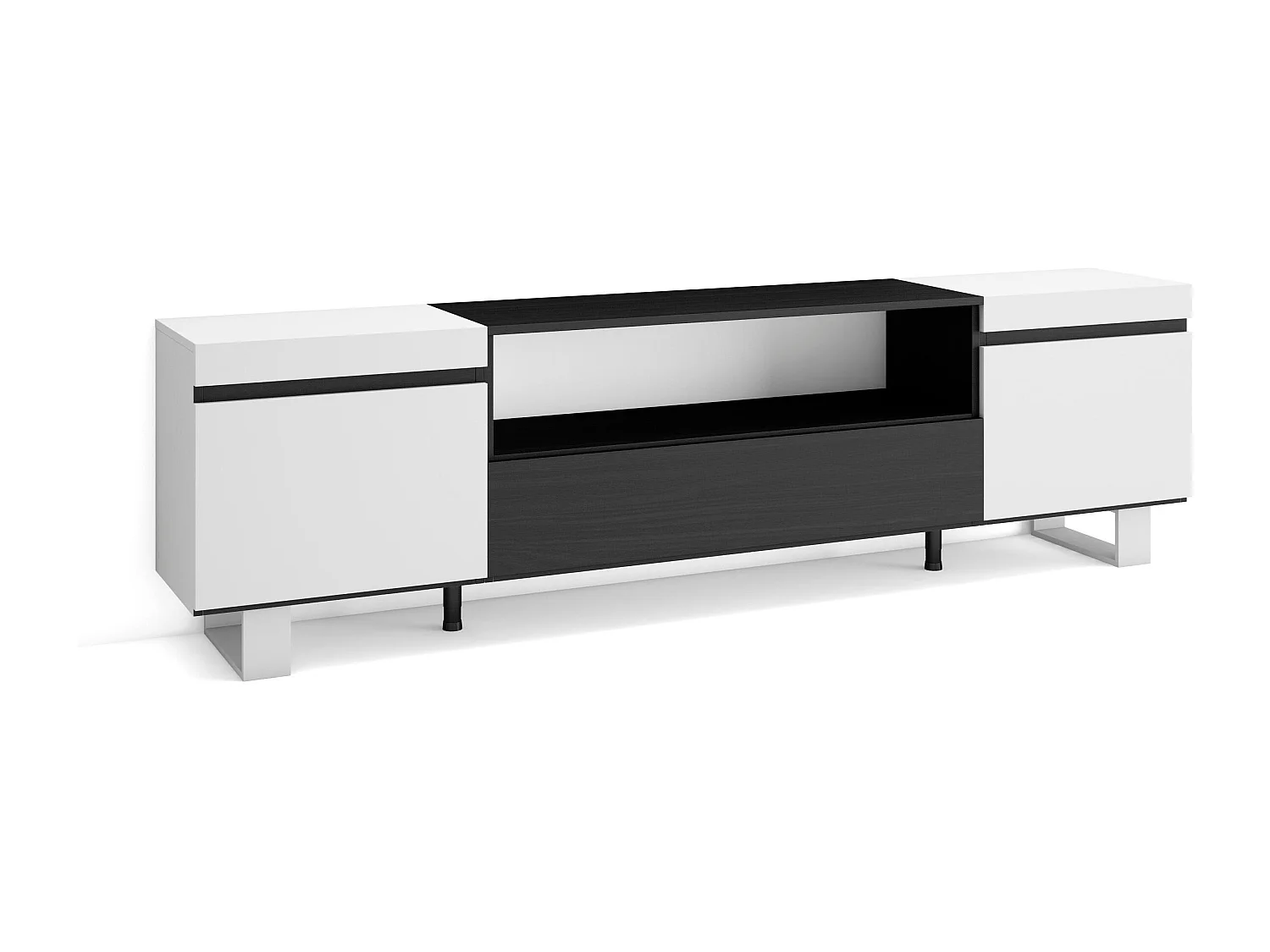 Meuble TV, Banc Télé, 200x35x57cm, Pour les TV jusqu'à 80", Design industriel, Blanc et noir