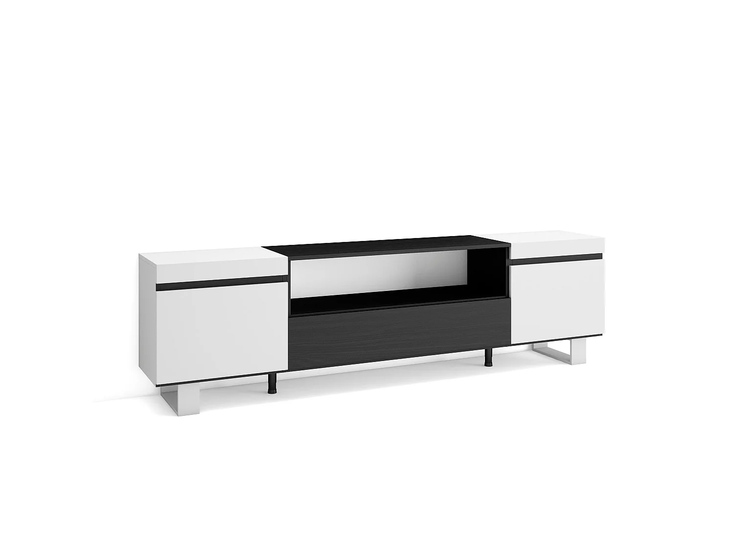 TV-Meubel, Lowboard, 200x35x57cm, Voor tv's tot 80", Industrieel design, Wit en Zwart