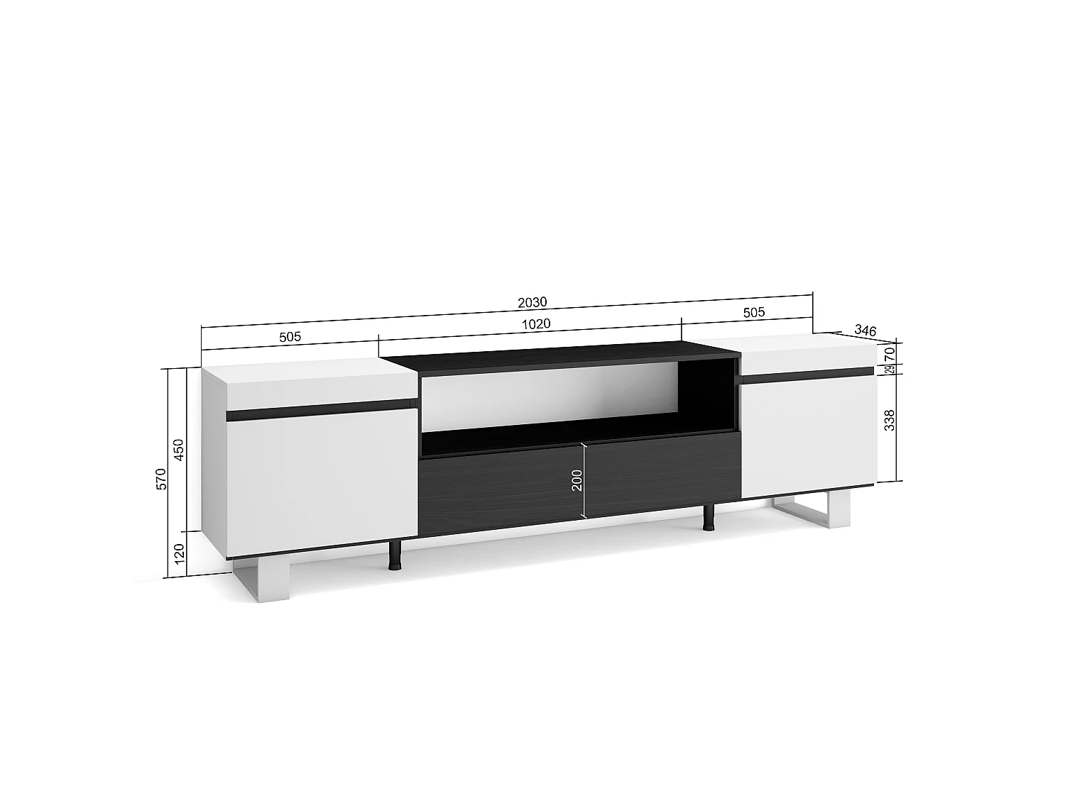 TV-Meubel, Lowboard, 200x35x57cm, Voor tv's tot 80", Industrieel design, Wit en Zwart
