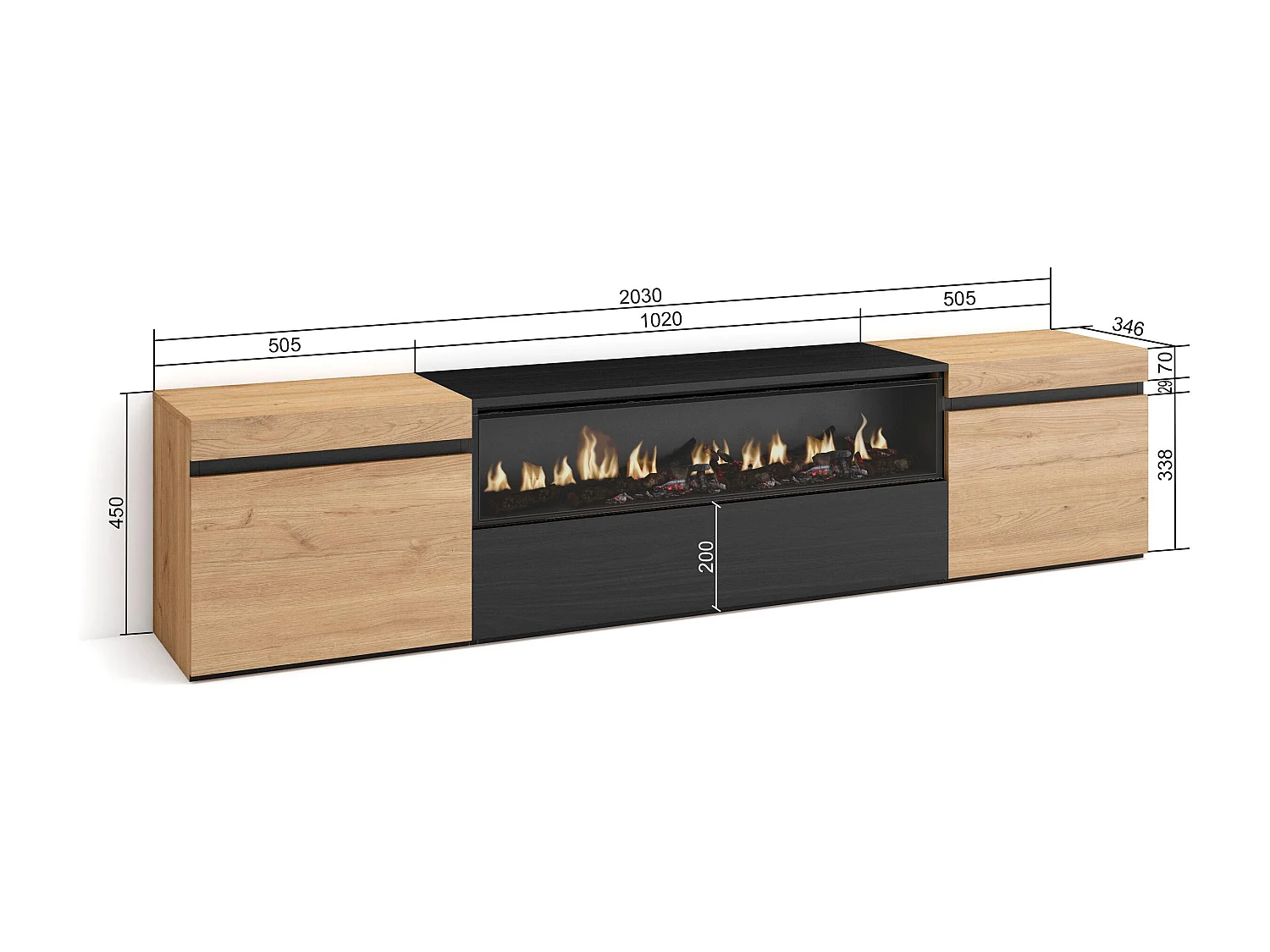 TV-Schrank, Lowboard, 200x35x45cm, Für TV-Geräte bis zu 80", Elektrokamin, Eiche Schwarz