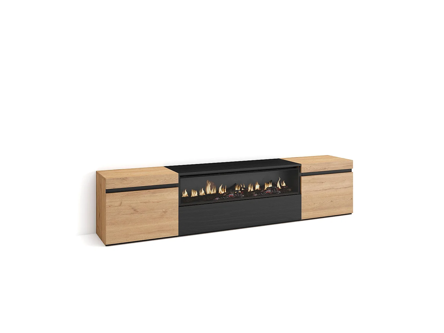 Meuble TV, Banc Télé, 200x35x45cm, Pour les TV jusqu'à 80", Cheminée électrique, Chêne et noir