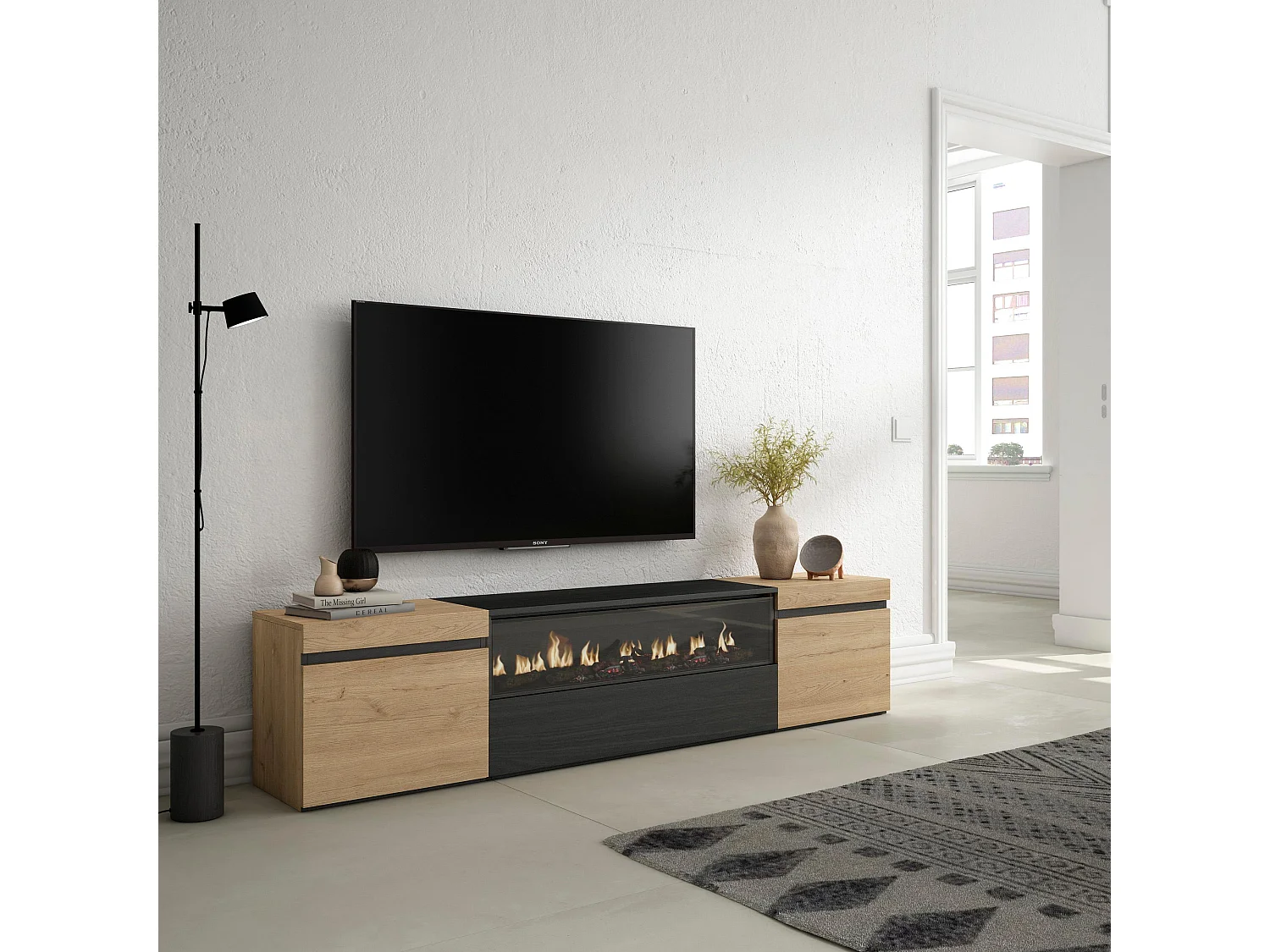 Meuble TV, Banc Télé, 200x35x45cm, Pour les TV jusqu'à 80", Cheminée électrique, Chêne et noir