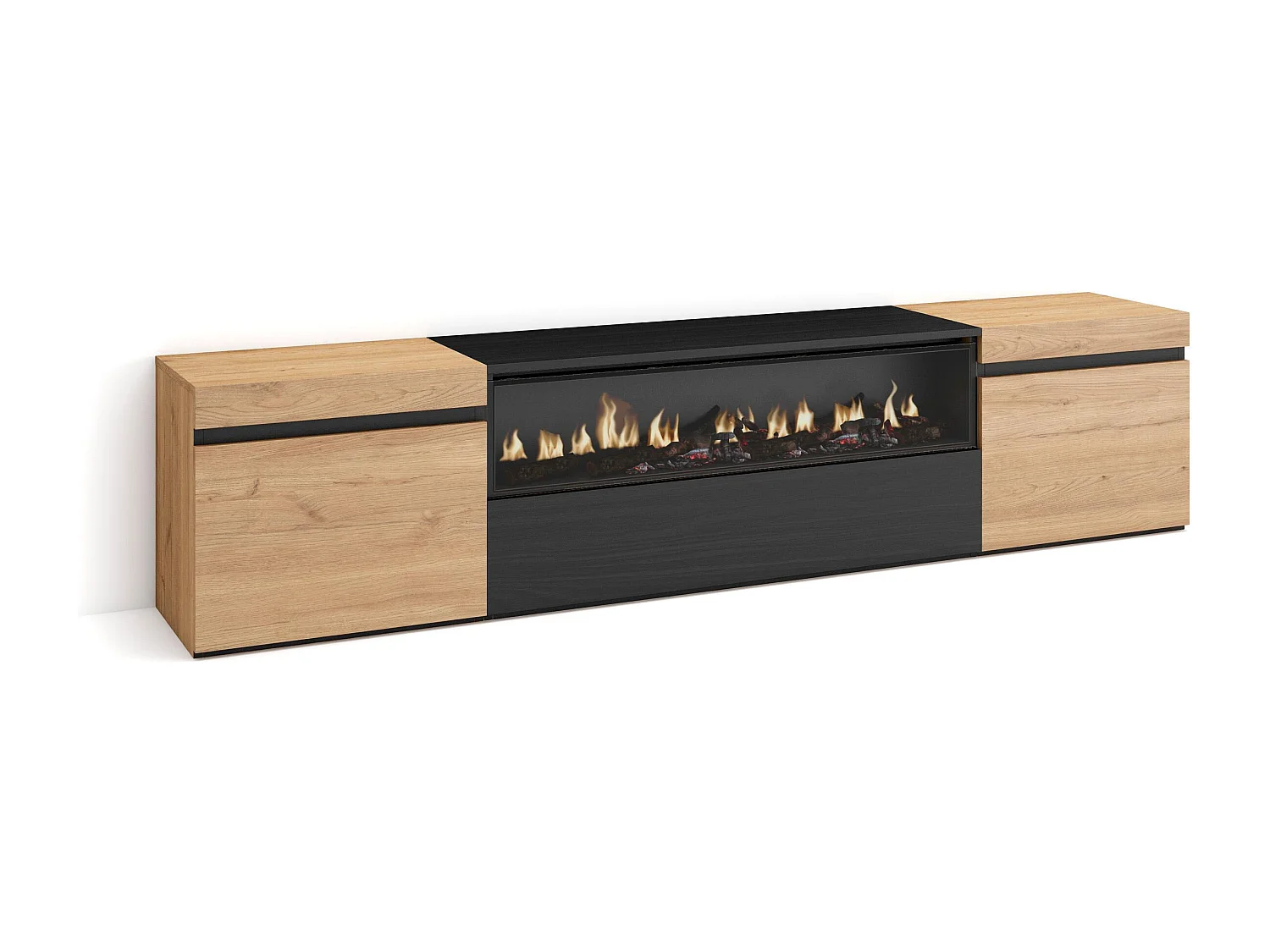 Meuble TV, Banc Télé, 200x35x45cm, Pour les TV jusqu'à 80", Cheminée électrique, Chêne et noir