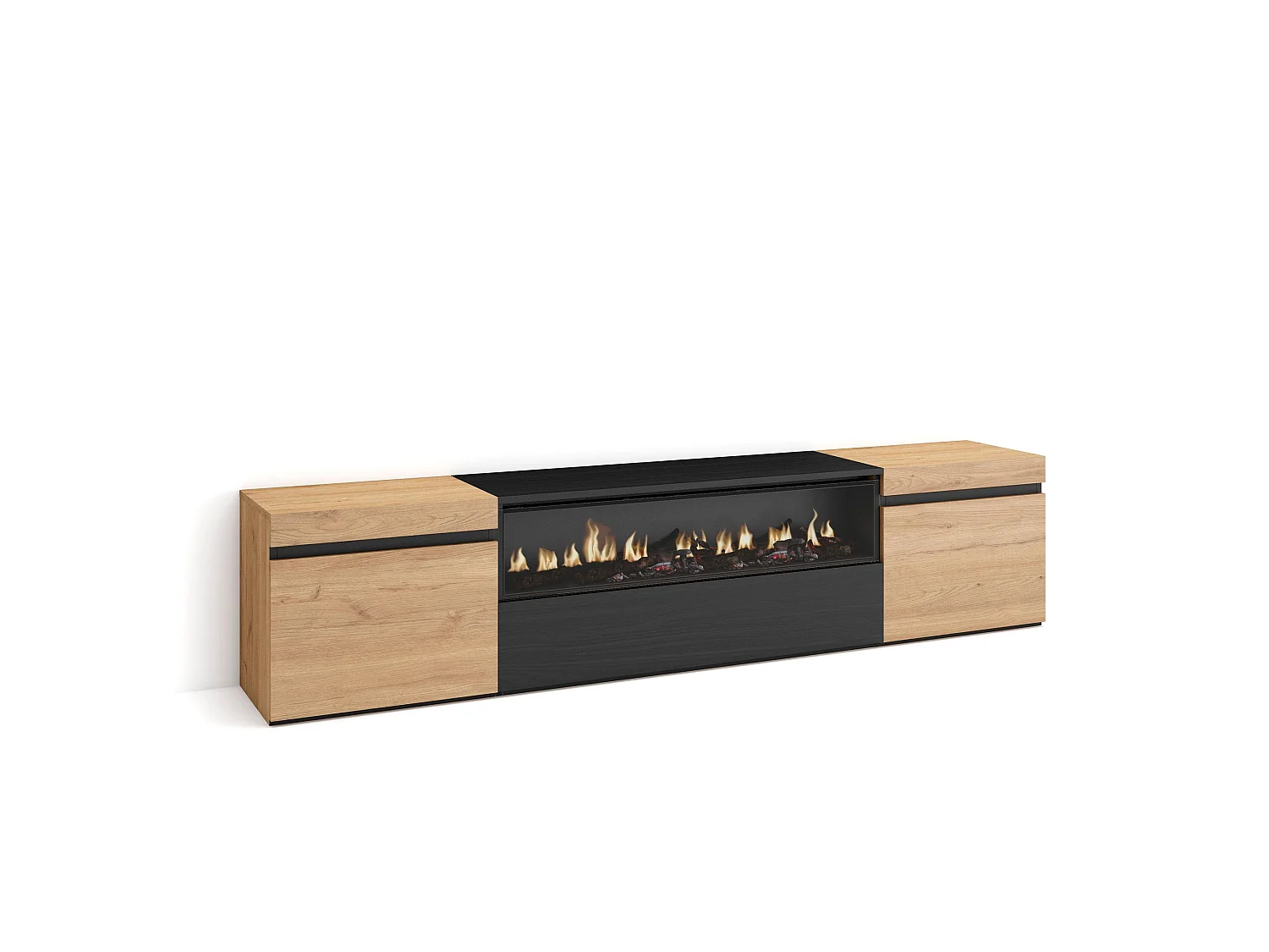 TV-Meubel, Lowboard, 200x35x45cm, Voor tv's tot 80", Elektrische haard, Eiken/Zwart