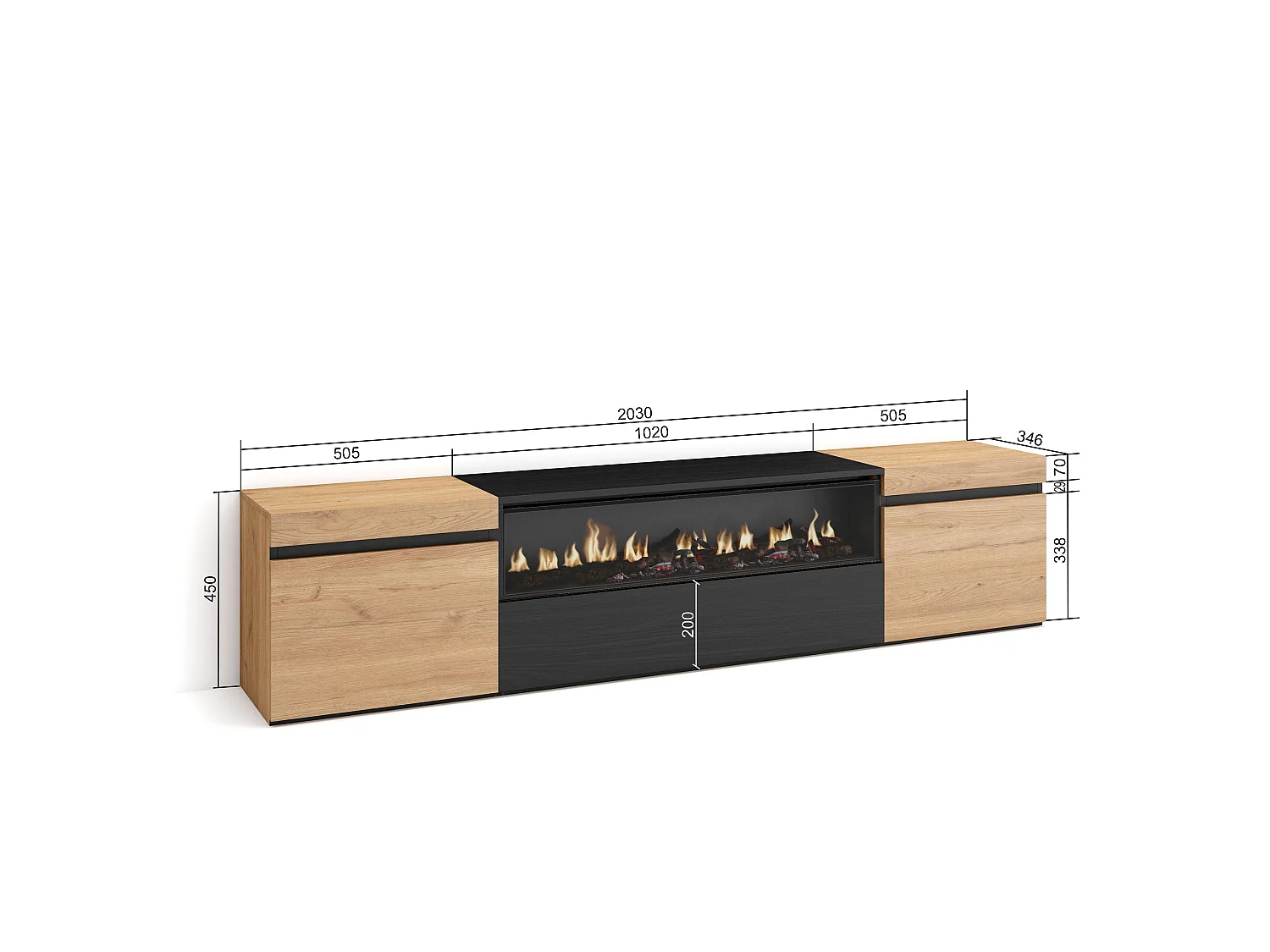 TV-Meubel, Lowboard, 200x35x45cm, Voor tv's tot 80", Elektrische haard, Eiken/Zwart