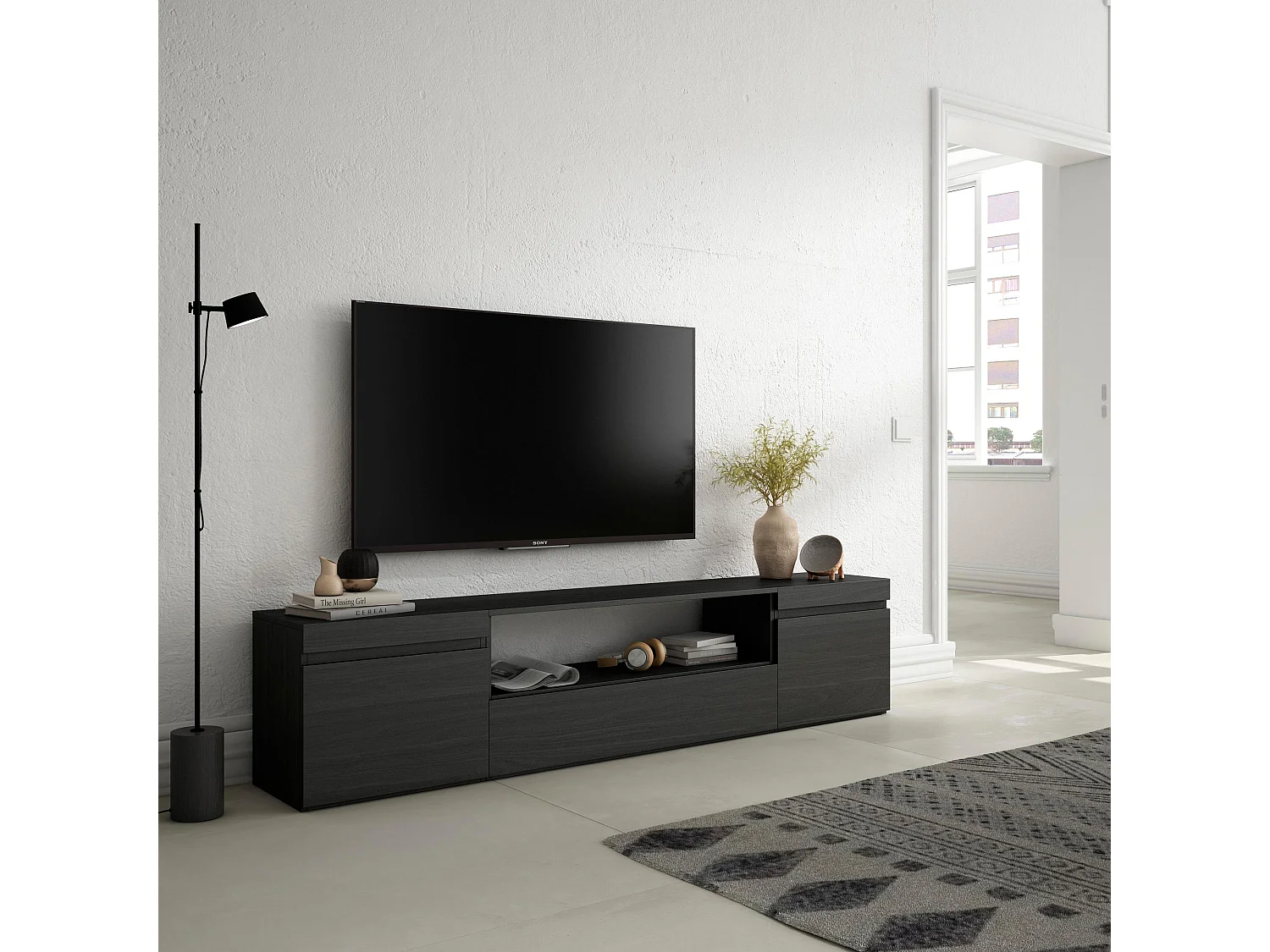 Meuble TV, Banc Télé, 200x35x45cm, Pour les TV jusqu'à 80", Meubles de salon, Noir