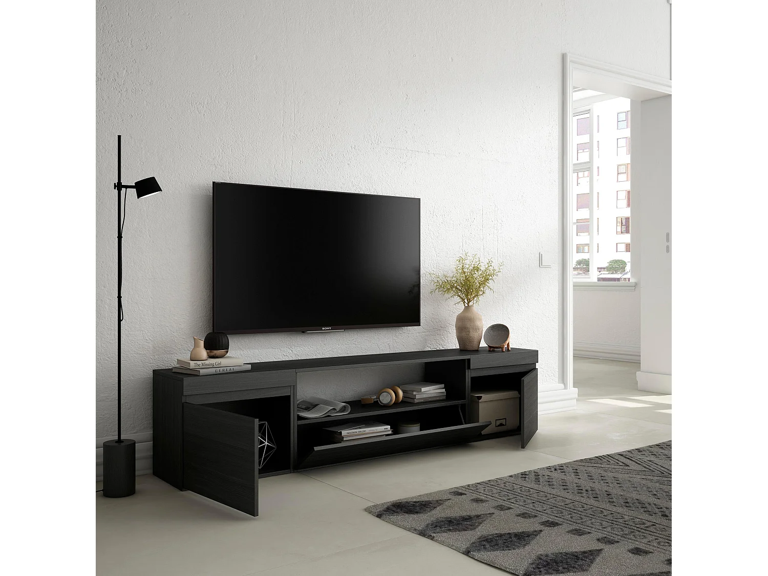 Meuble TV, Banc Télé, 200x35x45cm, Pour les TV jusqu'à 80", Meubles de salon, Noir