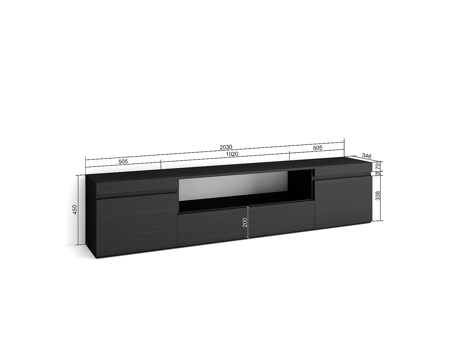Móvel de TV, 200x35x45cm, Para televisores até 80", Estante para TV, Preto