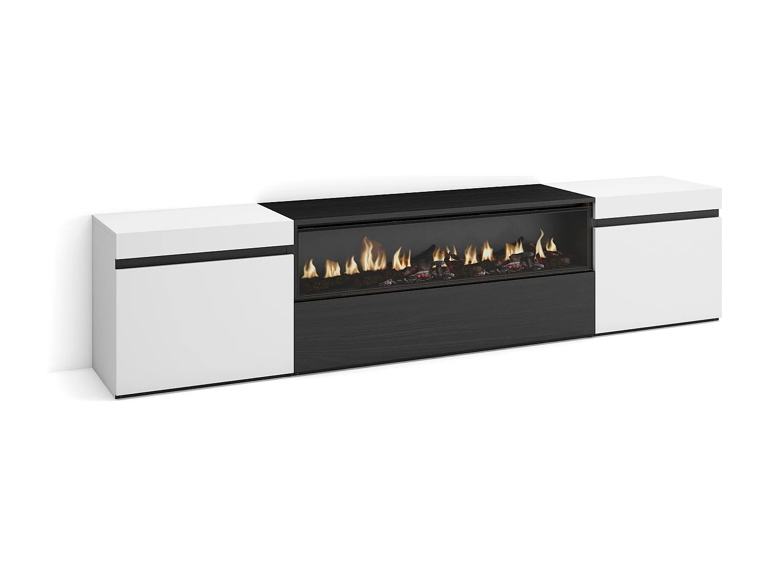 Mueble TV, Televisión, 200x35x45cm, Para TV hasta 80", Chimenea eléctrica, Blanco y negro