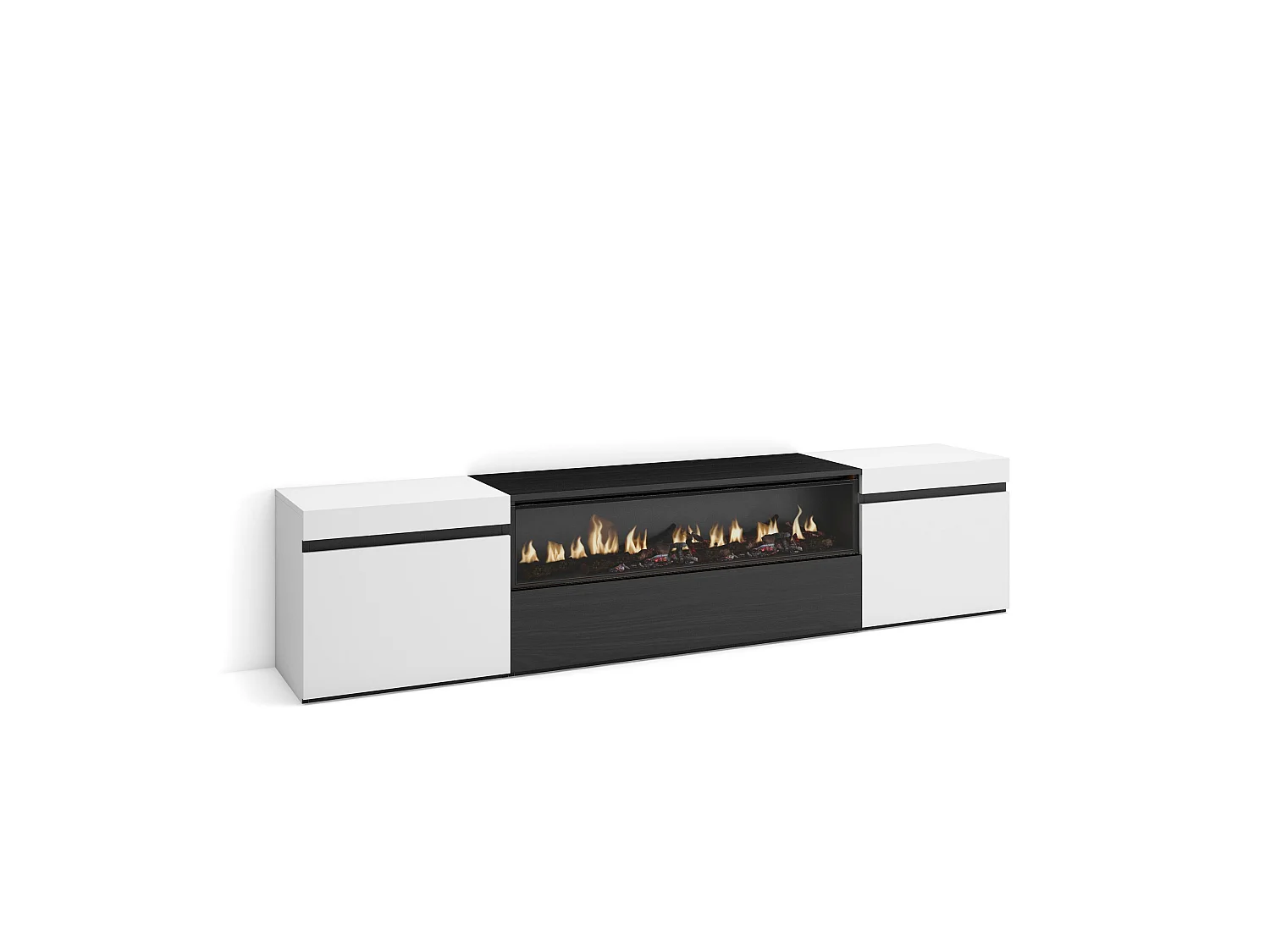 Meuble TV, Banc Télé, 200x35x45cm, Pour les TV jusqu'à 80", Cheminée électrique, Blanc et noir