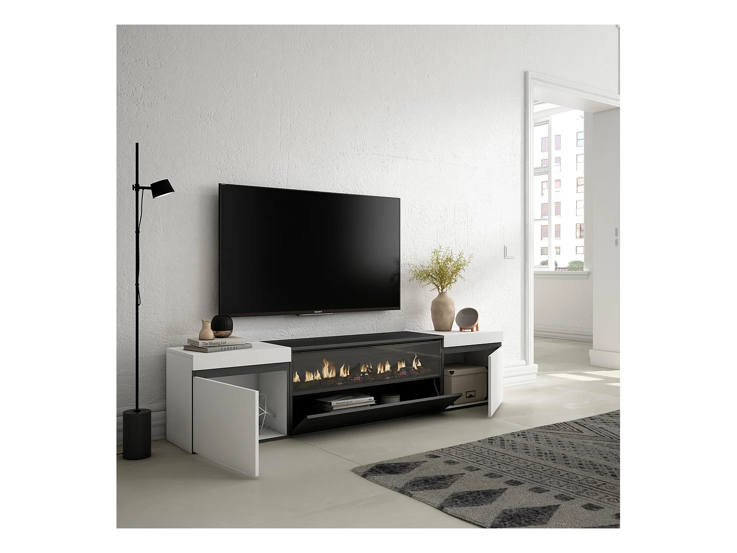 TV-Meubel, Lowboard, 200x45x35cm, Voor tv's tot 80", Elektrische haard, Wit en Zwart