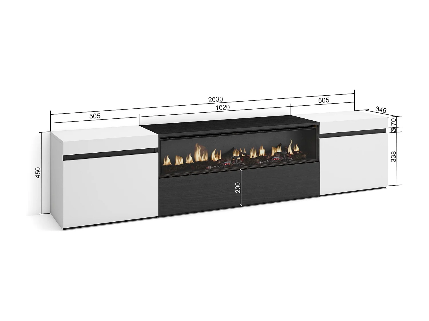 TV-Meubel, Lowboard, 200x45x35cm, Voor tv's tot 80", Elektrische haard, Wit en Zwart