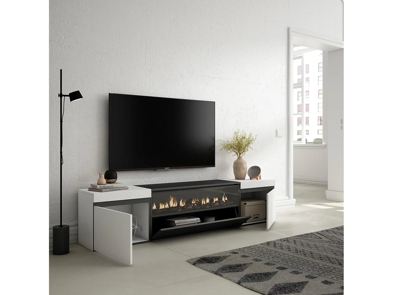 Móvel de TV, 200x45x35cm, Para televisores até 80", Lareira eléctrica, Branco e preto
