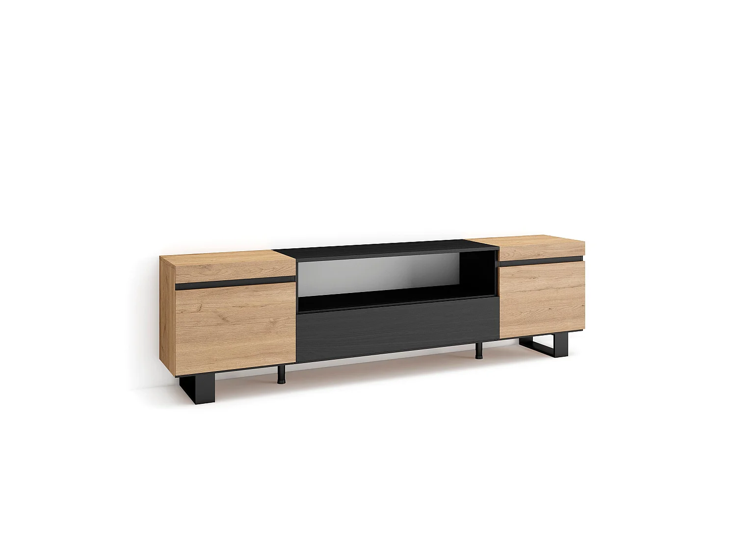 Meuble TV, Banc Télé, 200x35x57cm, Pour les TV jusqu'à 80", Design industriel, Chêne et noir
