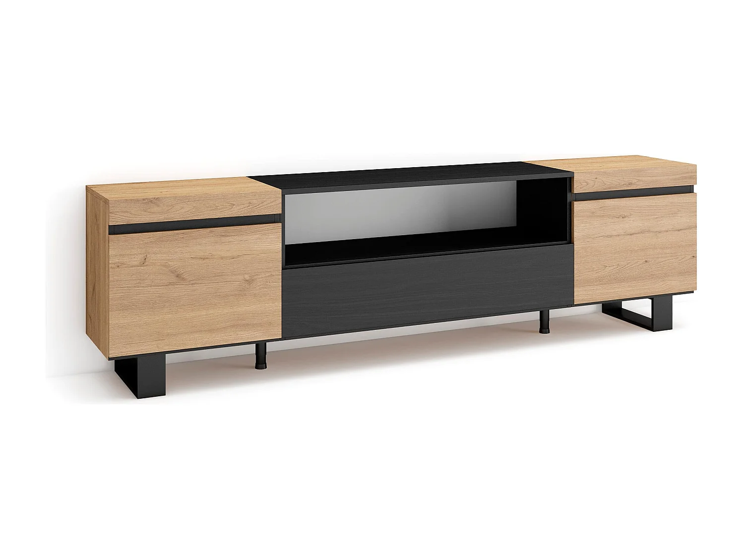 TV-Meubel, Lowboard, 200x35x57cm, Voor tv's tot 80", Industrieel design, Eiken/Zwart