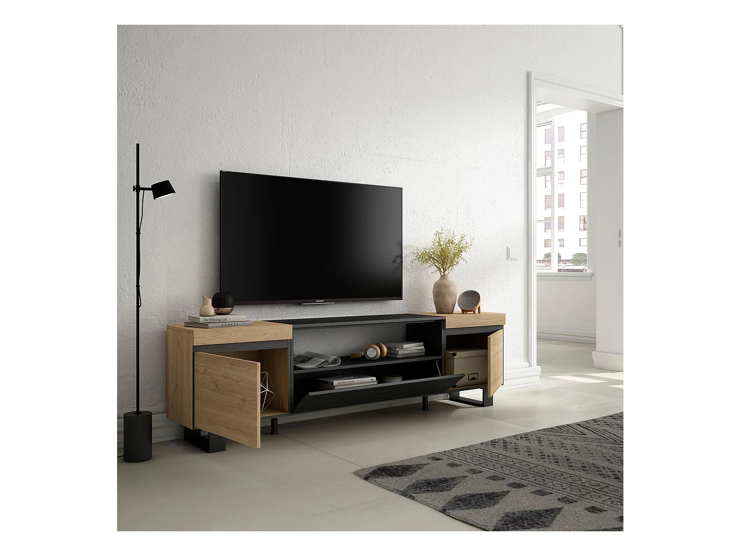 TV-Meubel, Lowboard, 200x35x57cm, Voor tv's tot 80", Industrieel design, Eiken/Zwart