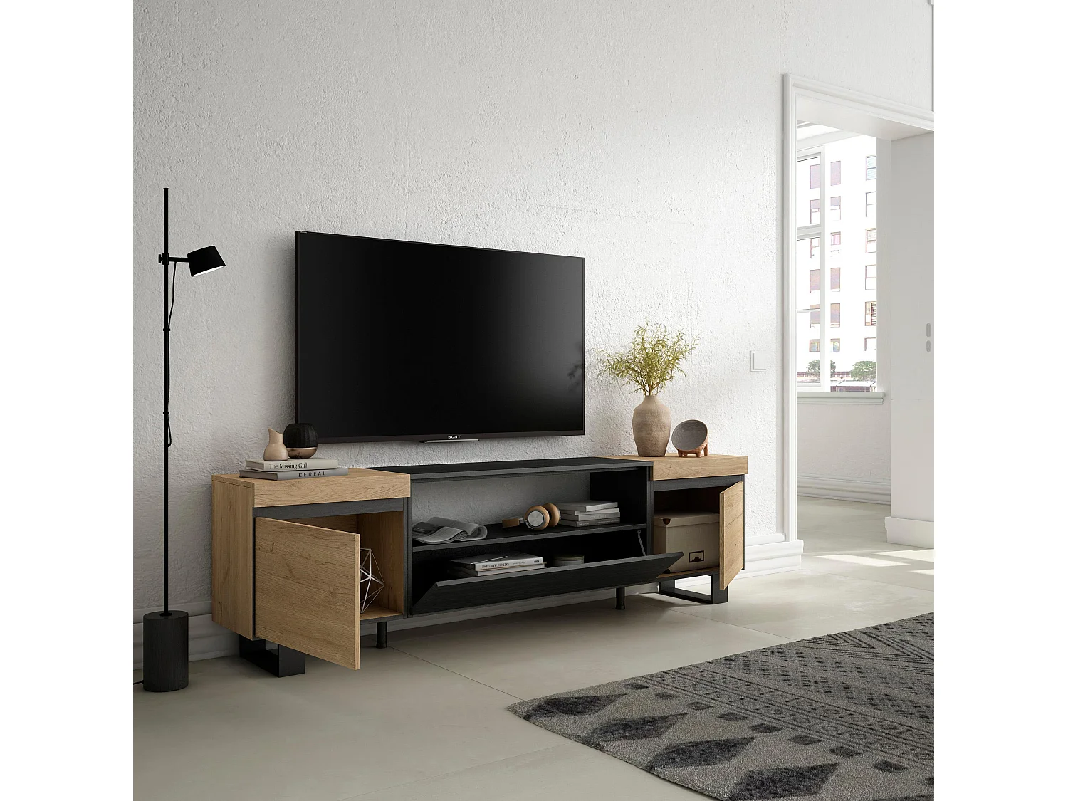 Meuble TV, Banc Télé, 200x35x57cm, Pour les TV jusqu'à 80", Design industriel, Chêne et noir