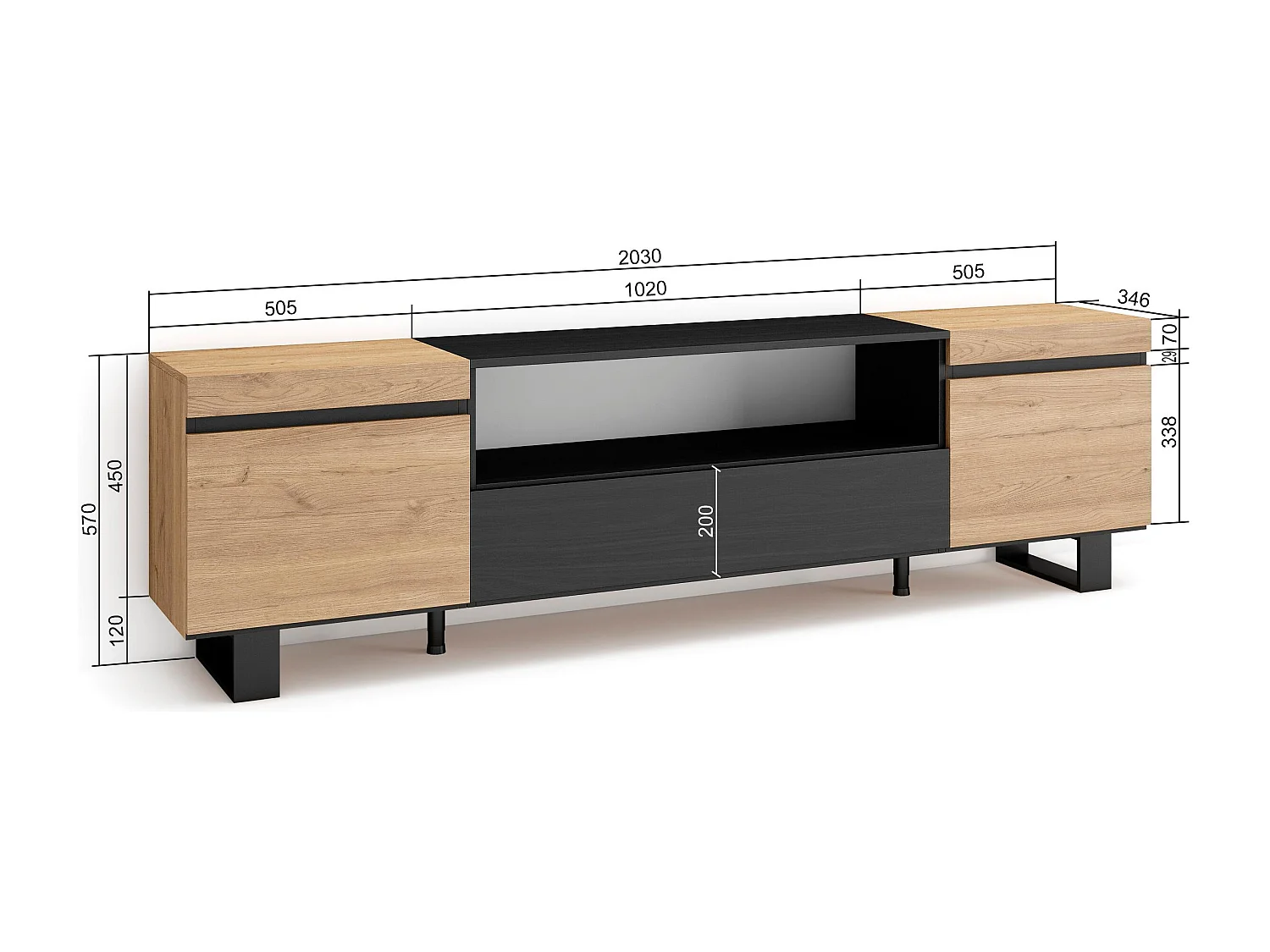 Meuble TV, Banc Télé, 200x35x57cm, Pour les TV jusqu'à 80", Design industriel, Chêne et noir