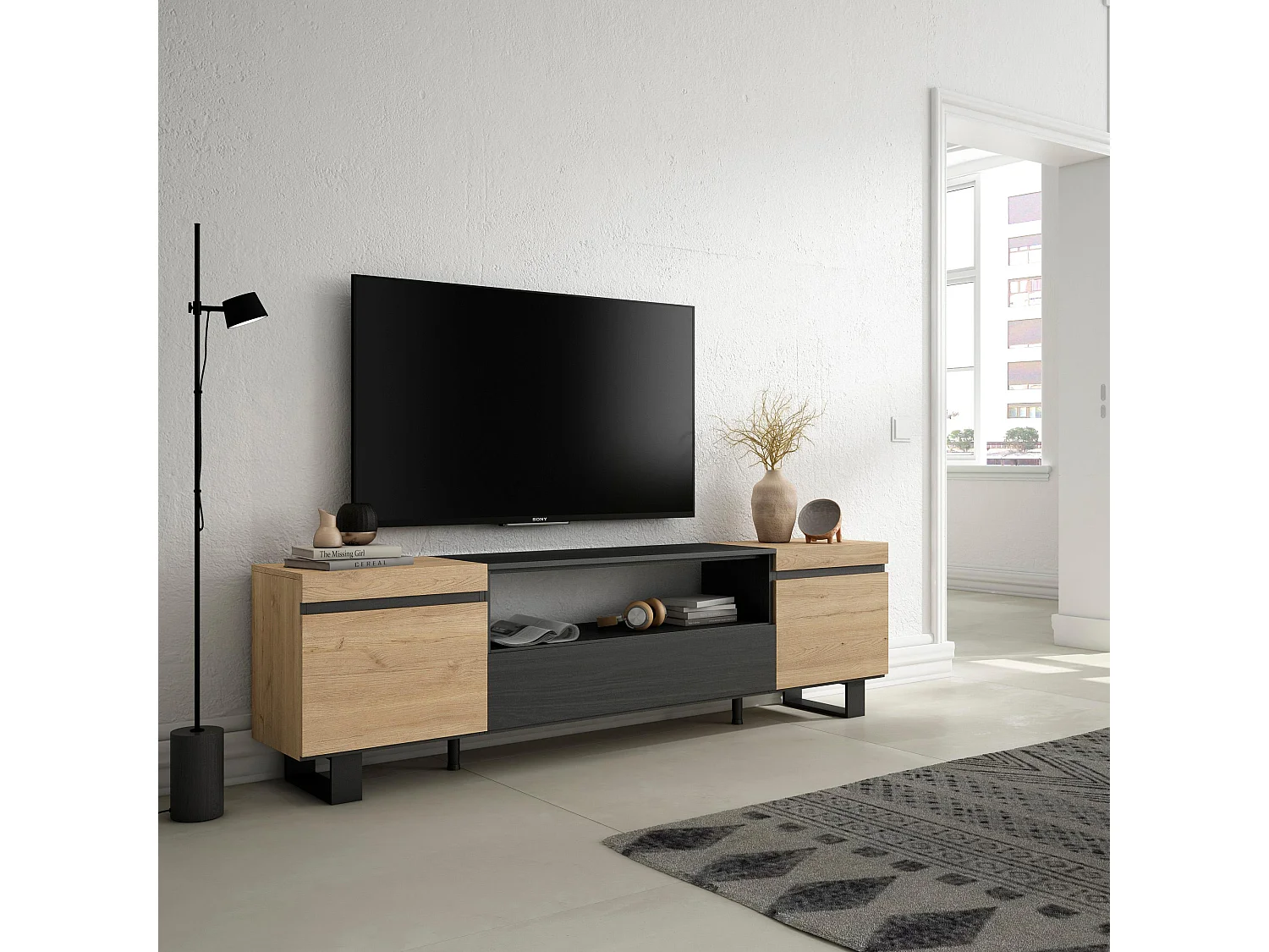 Meuble TV, Banc Télé, 200x35x57cm, Pour les TV jusqu'à 80", Design industriel, Chêne et noir