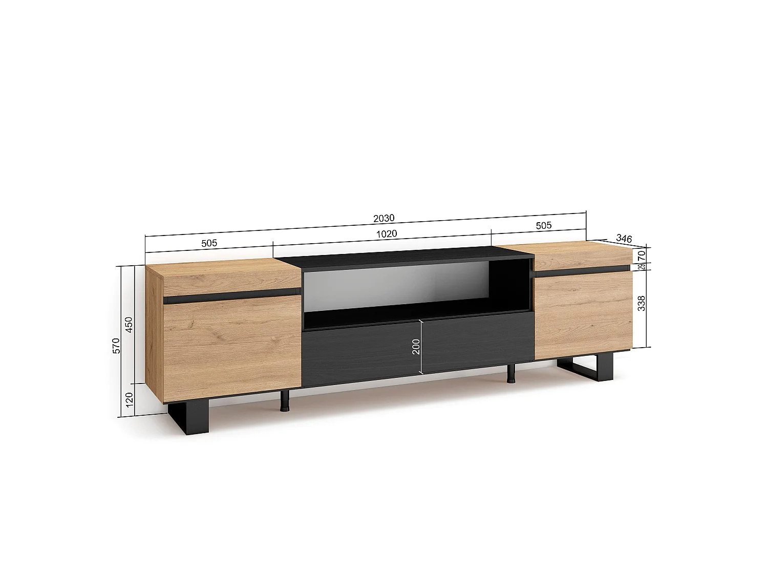 Meuble TV, Banc Télé, 200x35x57cm, Pour les TV jusqu'à 80", Design industriel, Chêne et noir