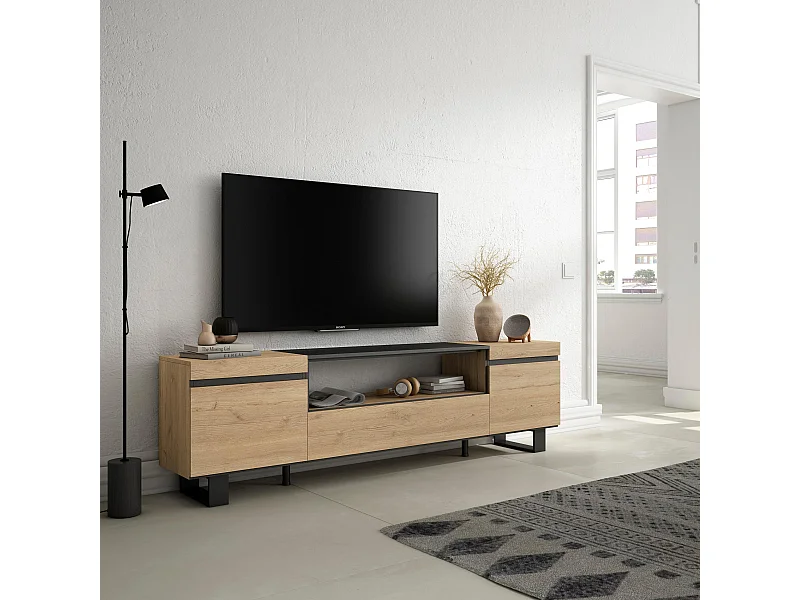 TV-Meubel, Lowboard, 200x35x57cm, Voor tv's tot 80", Industrieel design, Eiken/Zwart