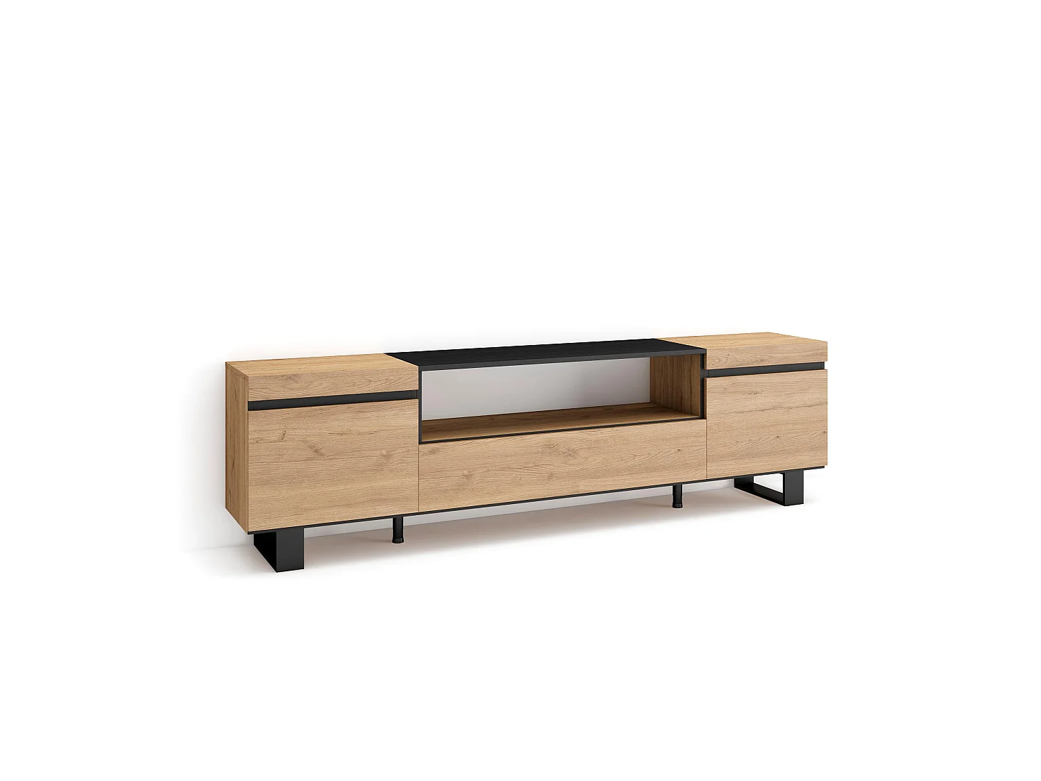 Meuble TV, Banc Télé, 200x35x57cm, Pour les TV jusqu'à 80", Design industriel, Chêne et noir