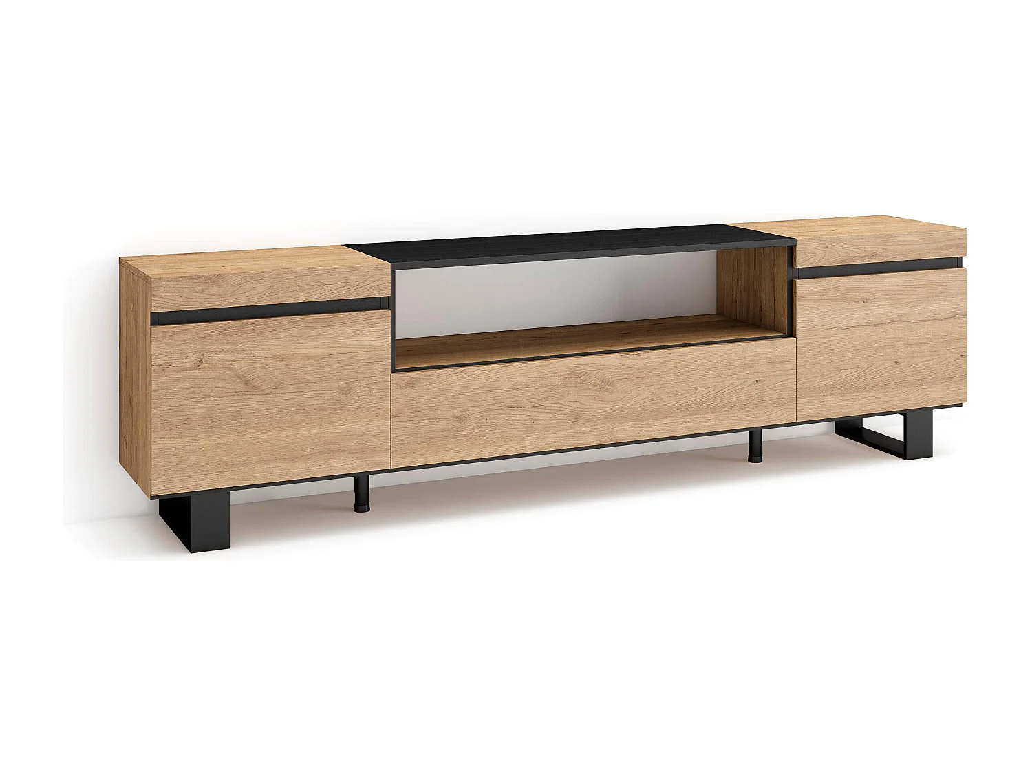 Meuble TV, Banc Télé, 200x35x57cm, Pour les TV jusqu'à 80", Design industriel, Chêne et noir