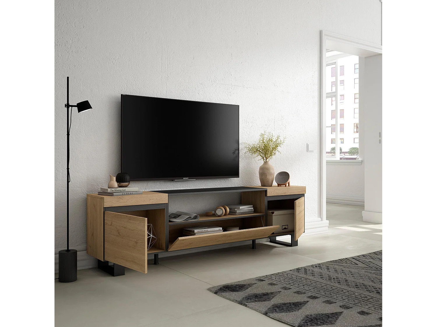 Meuble TV, Banc Télé, 200x35x57cm, Pour les TV jusqu'à 80", Design industriel, Chêne et noir
