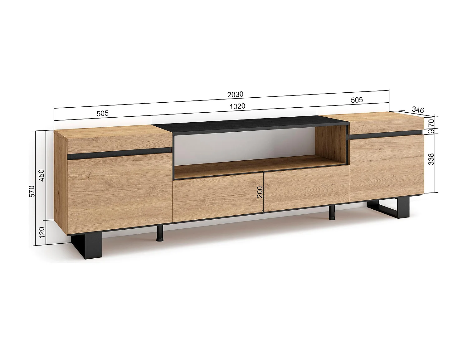 Meuble TV, Banc Télé, 200x35x57cm, Pour les TV jusqu'à 80", Design industriel, Chêne et noir