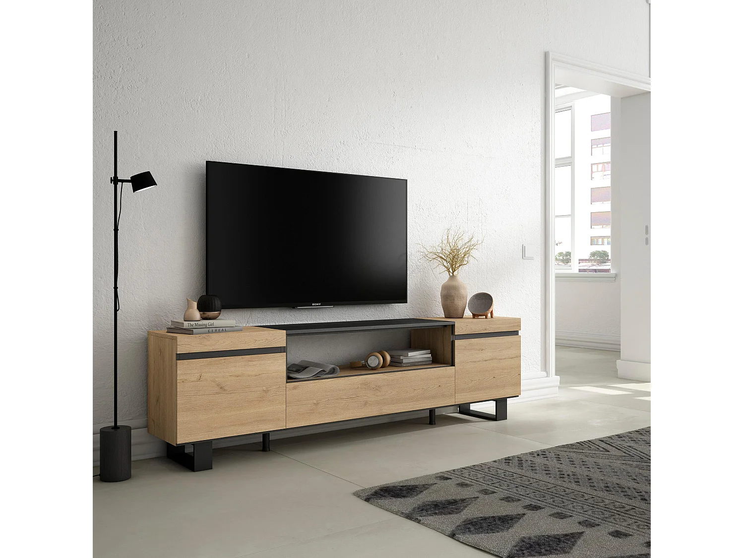 Meuble TV, Banc Télé, 200x35x57cm, Pour les TV jusqu'à 80", Design industriel, Chêne et noir