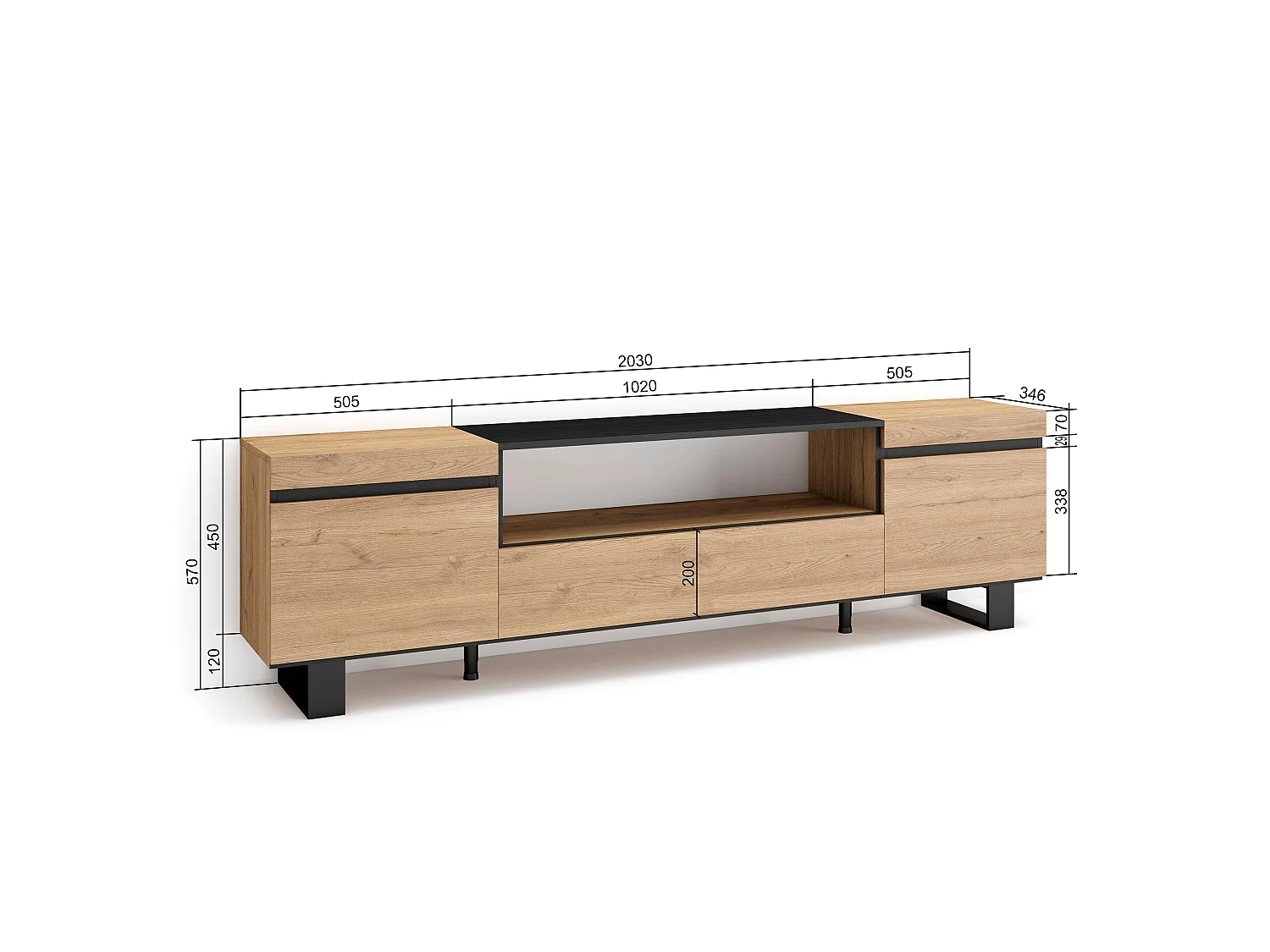 Meuble TV, Banc Télé, 200x35x57cm, Pour les TV jusqu'à 80", Design industriel, Chêne et noir