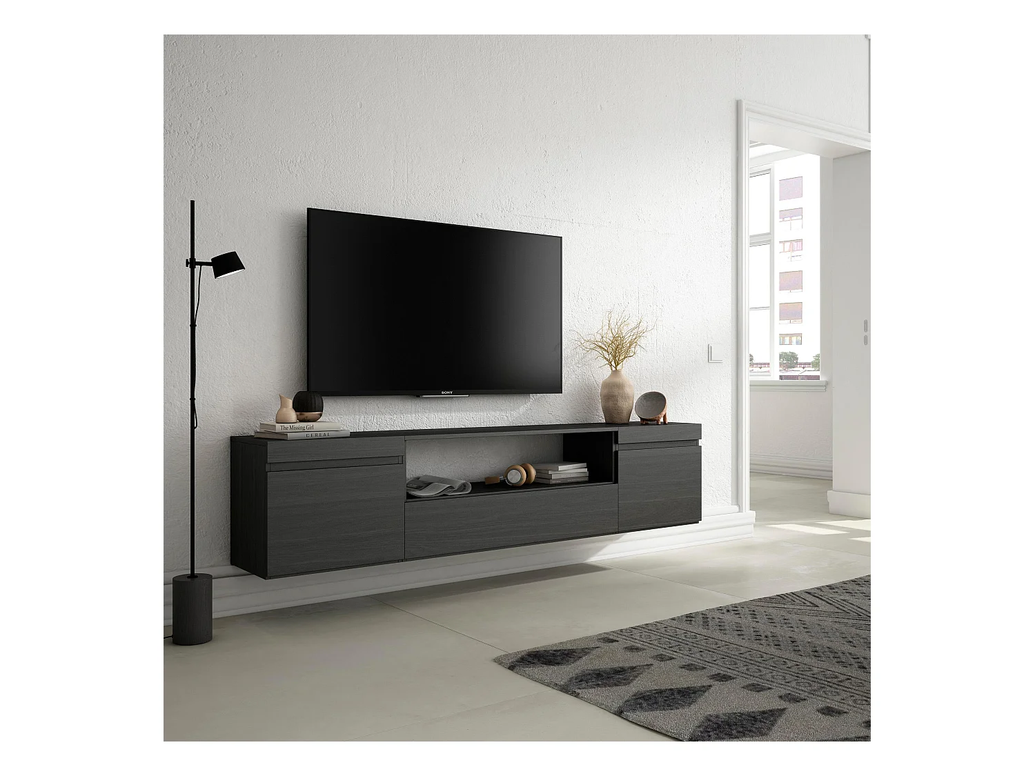 TV-Schrank, Lowboard, 200x35x45cm, Für TV-Geräte bis zu 80", Hängend, Schwarz