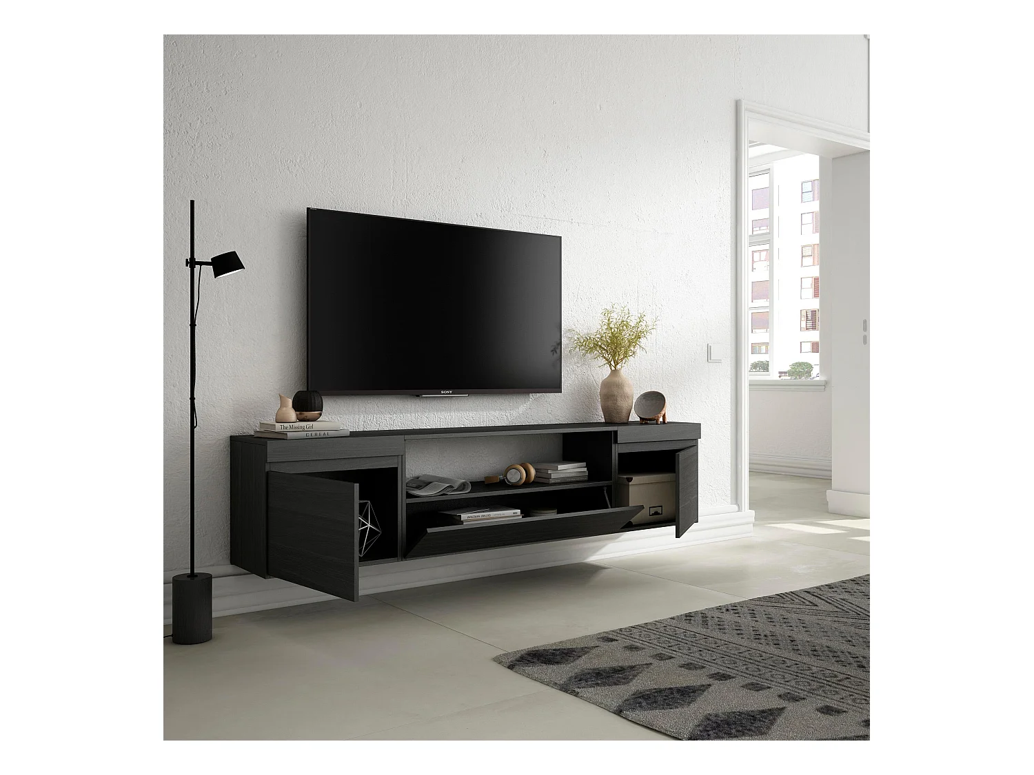 TV-Schrank, Lowboard, 200x35x45cm, Für TV-Geräte bis zu 80", Hängend, Schwarz
