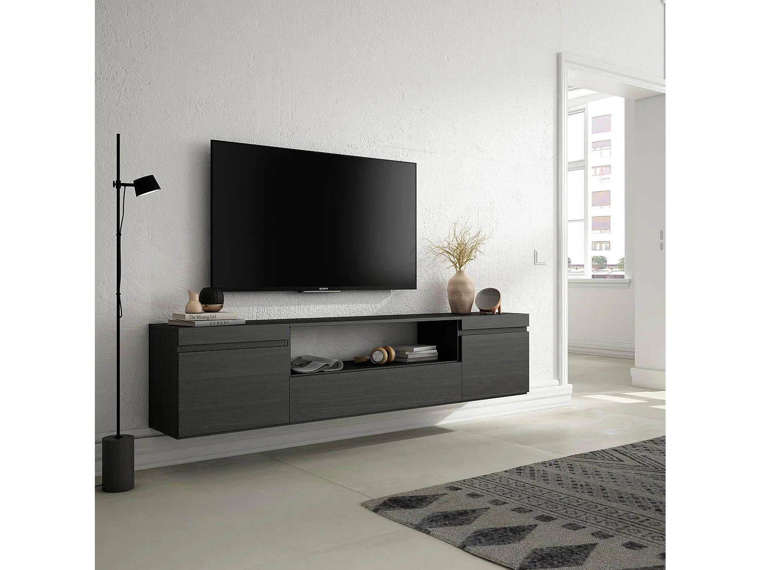 TV-Meubel, Lowboard, 200x35x45cm, Voor tv's tot 80", Hangend, Zwart