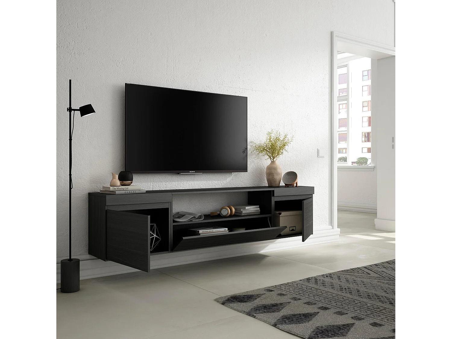 TV-Meubel, Lowboard, 200x35x45cm, Voor tv's tot 80", Hangend, Zwart