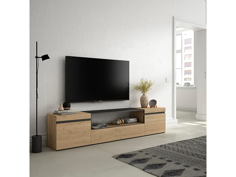 TV-Schrank, Lowboard, 200x35x45cm, Für TV-Geräte bis zu 80", Fernsehtisch, Eiche Schwarz