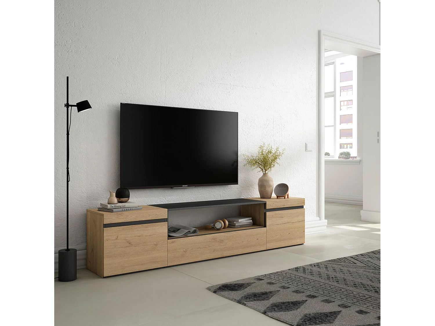 TV-Schrank, Lowboard, 200x35x45cm, Für TV-Geräte bis zu 80", Fernsehtisch, Eiche Schwarz