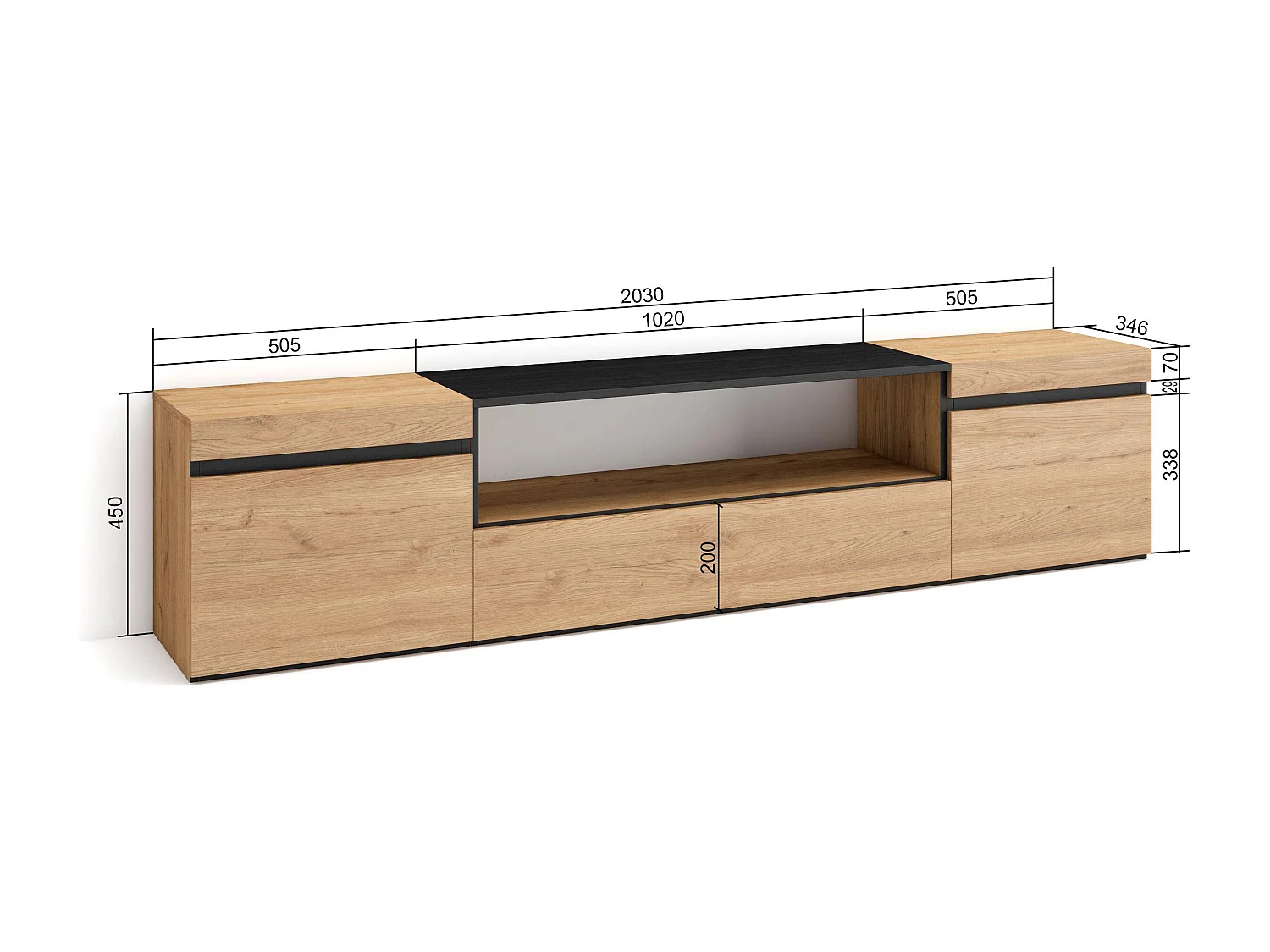 TV-Schrank, Lowboard, 200x35x45cm, Für TV-Geräte bis zu 80", Fernsehtisch, Eiche Schwarz