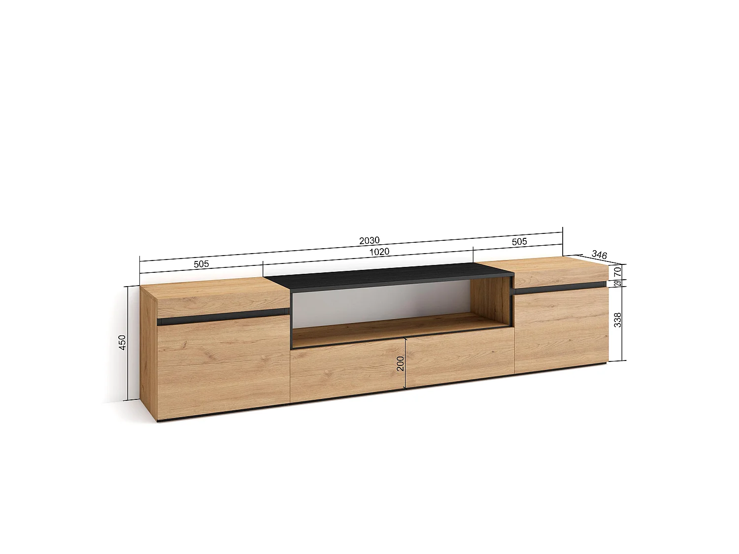 TV-Meubel, Lowboard, 200x35x45cm, Voor tv's tot 80", TV-Tafel, Eiken/Zwart