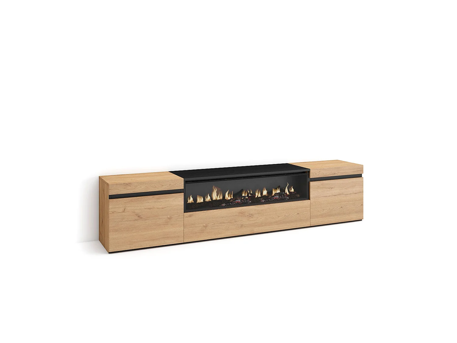 Meuble TV, Banc Télé, 200x35x45cm, Pour les TV jusqu'à 80", Cheminée électrique, Chêne et noir
