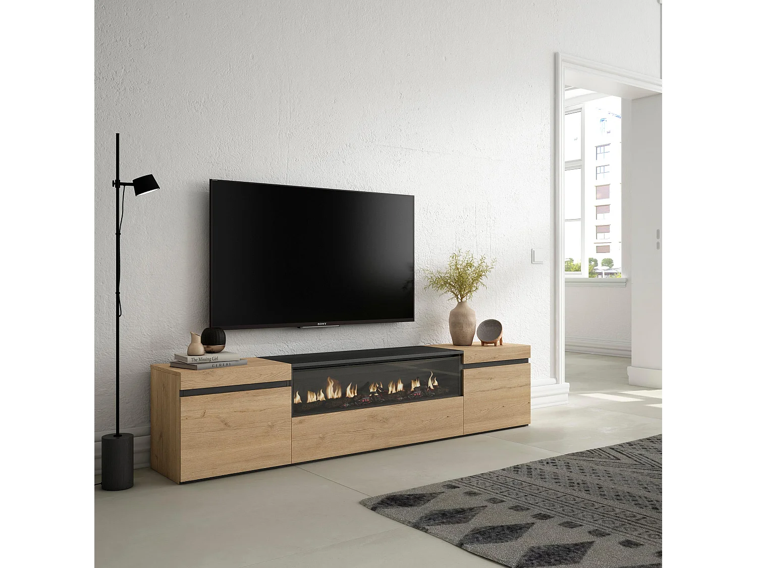 Meuble TV, Banc Télé, 200x35x45cm, Pour les TV jusqu'à 80", Cheminée électrique, Chêne et noir