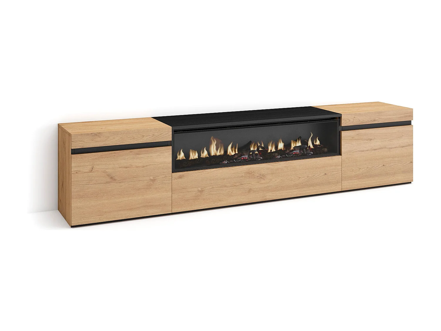 Meuble TV, Banc Télé, 200x35x45cm, Pour les TV jusqu'à 80", Cheminée électrique, Chêne et noir