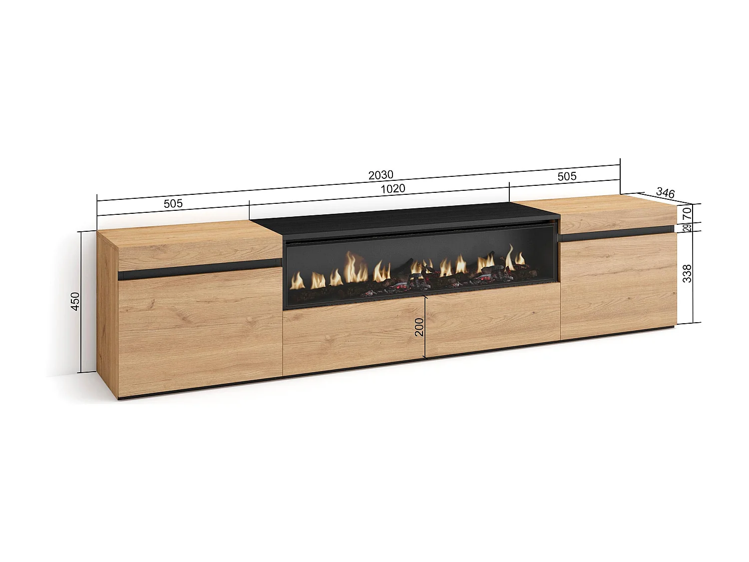 Meuble TV, Banc Télé, 200x35x45cm, Pour les TV jusqu'à 80", Cheminée électrique, Chêne et noir