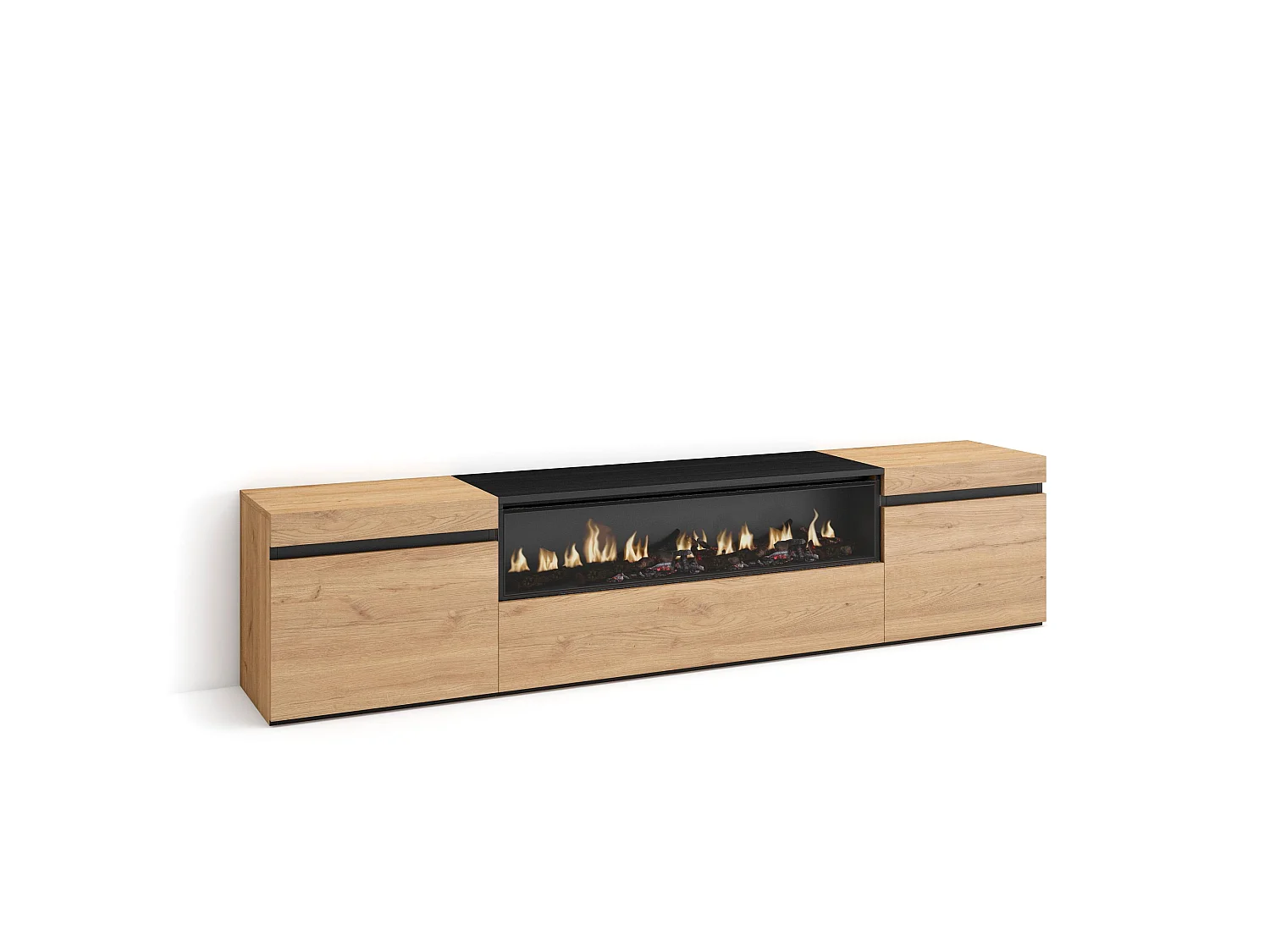 Meuble TV, Banc Télé, 200x35x45cm, Pour les TV jusqu'à 80", Cheminée électrique, Chêne et noir