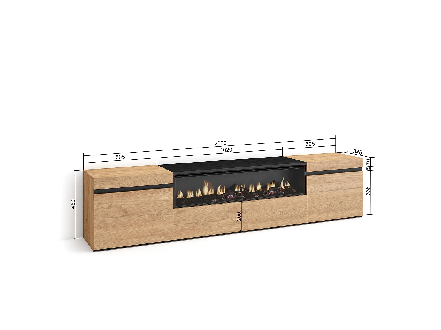 Meuble TV, Banc Télé, 200x35x45cm, Pour les TV jusqu'à 80", Cheminée électrique, Chêne et noir
