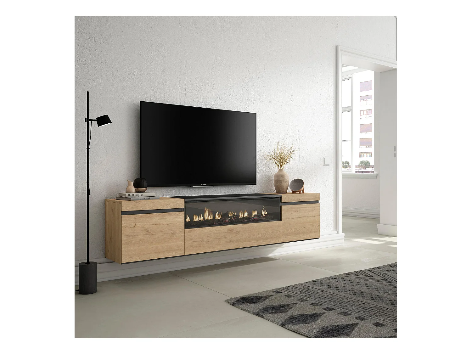 TV-Schrank, Lowboard, 200x35x45cm, Für TV-Geräte bis zu 80", Elektrokamin, Hängend, Eiche Schwarz